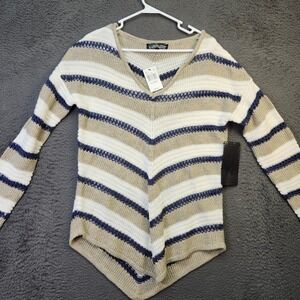 Almost Famous Sweater Womens XL Oatmeal Striped V Neck Pullover Knit Lightweight